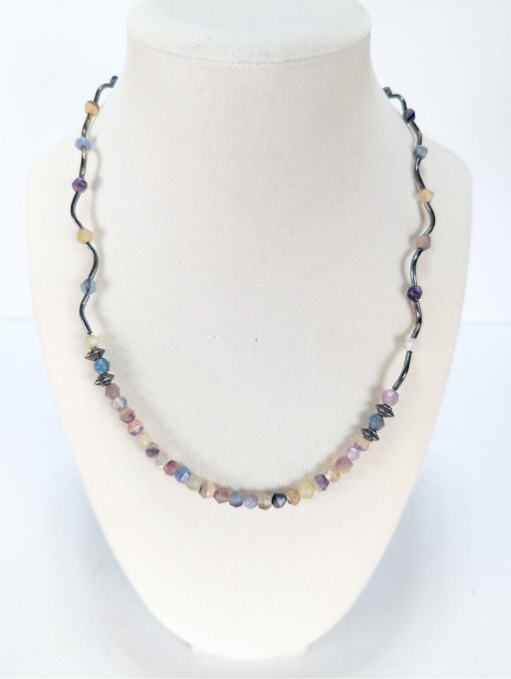 Vintage Sterling Silver Rainbow Fluorite Faceted Bead Tube 19" Necklace 925